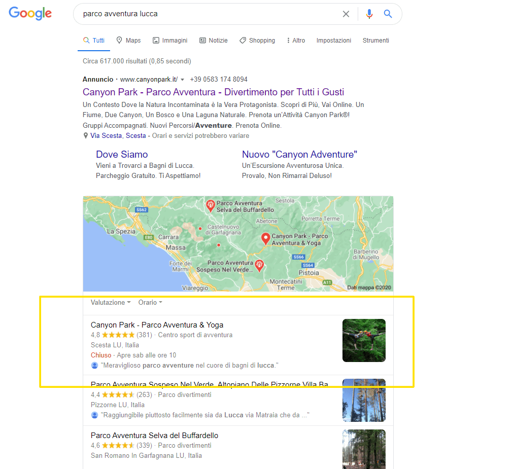 google my business come aumentare le prenotazioni locali_esempio serp